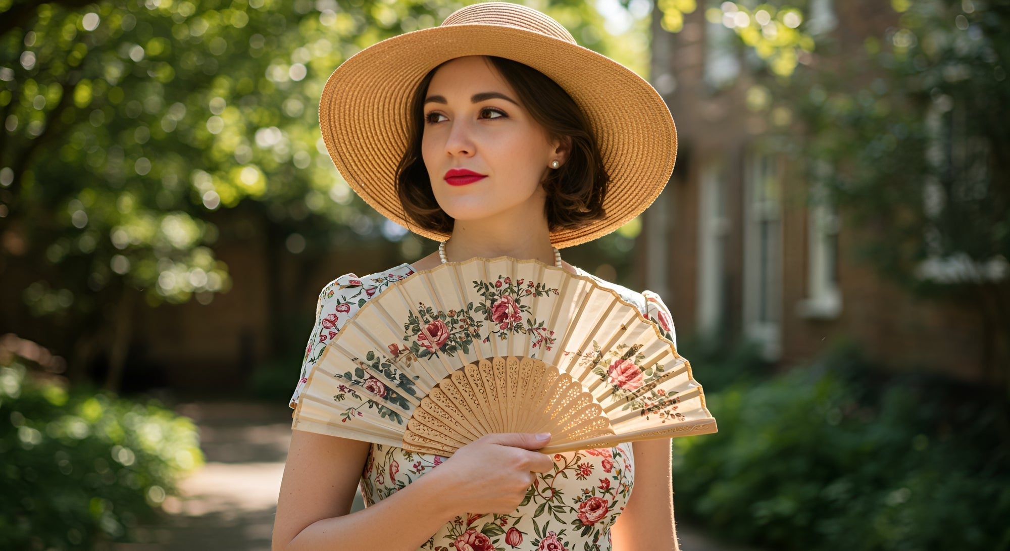 Elegant English woman in a floral dress holding a classic hand fan in a sunlit garden, showcasing timeless spring fashion and vintage charm