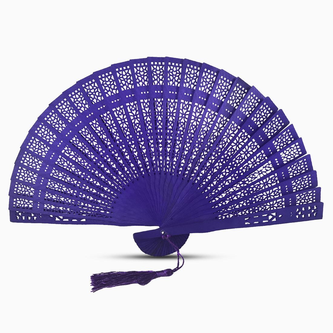 A vibrant Violet fan made of color dyed wood, complete with a decorative tassel for added elegance.