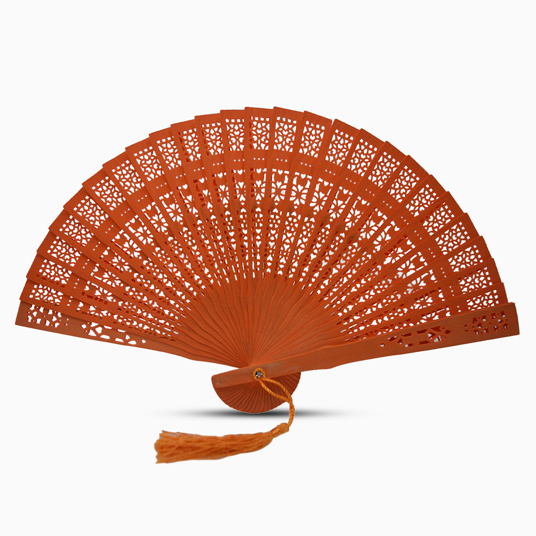A vibrant Orange fan made of color dyed wood, complete with a decorative tassel for added elegance.