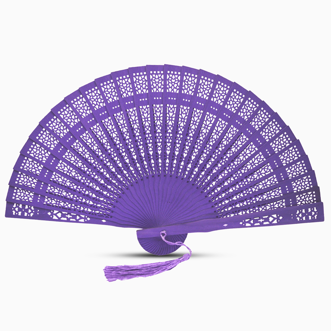 A vibrant Lilac Purple fan made of color dyed wood, complete with a decorative tassel for added elegance.