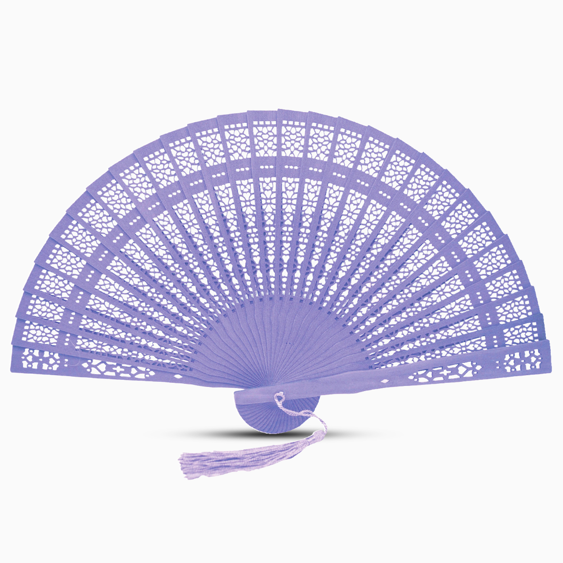 A vibrant Soft Purple fan made of color dyed wood, complete with a decorative tassel for added elegance.