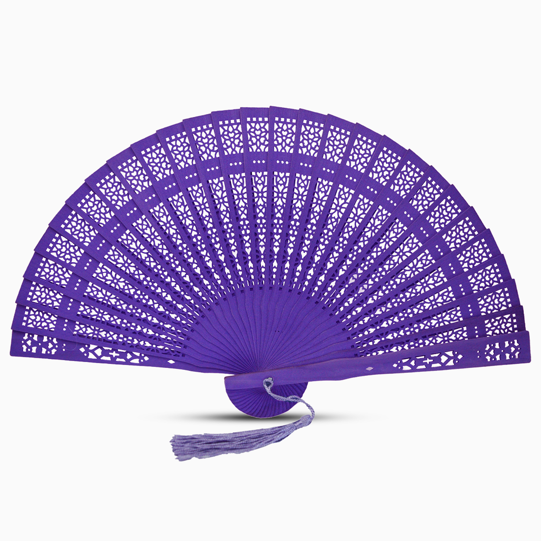 A vibrant Purple fan made of color dyed wood, complete with a decorative tassel for added elegance.