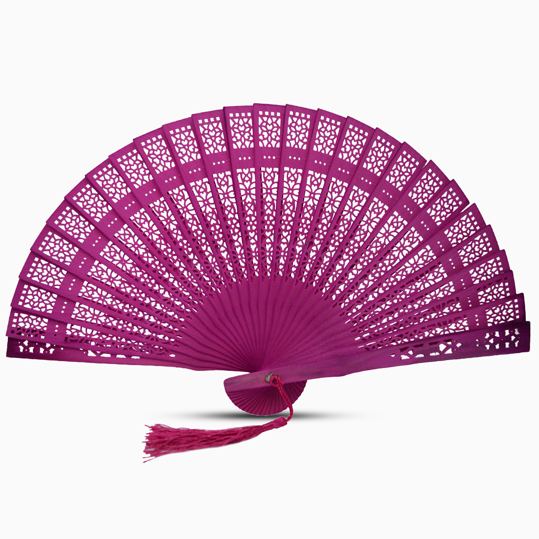 A vibrant Deep Pink fan made of color dyed wood, complete with a decorative tassel for added elegance.