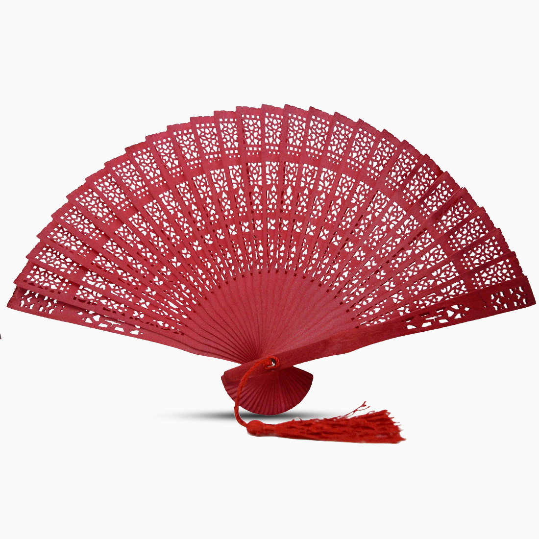 A vibrant Red fan made of color dyed wood, complete with a decorative tassel for added elegance.