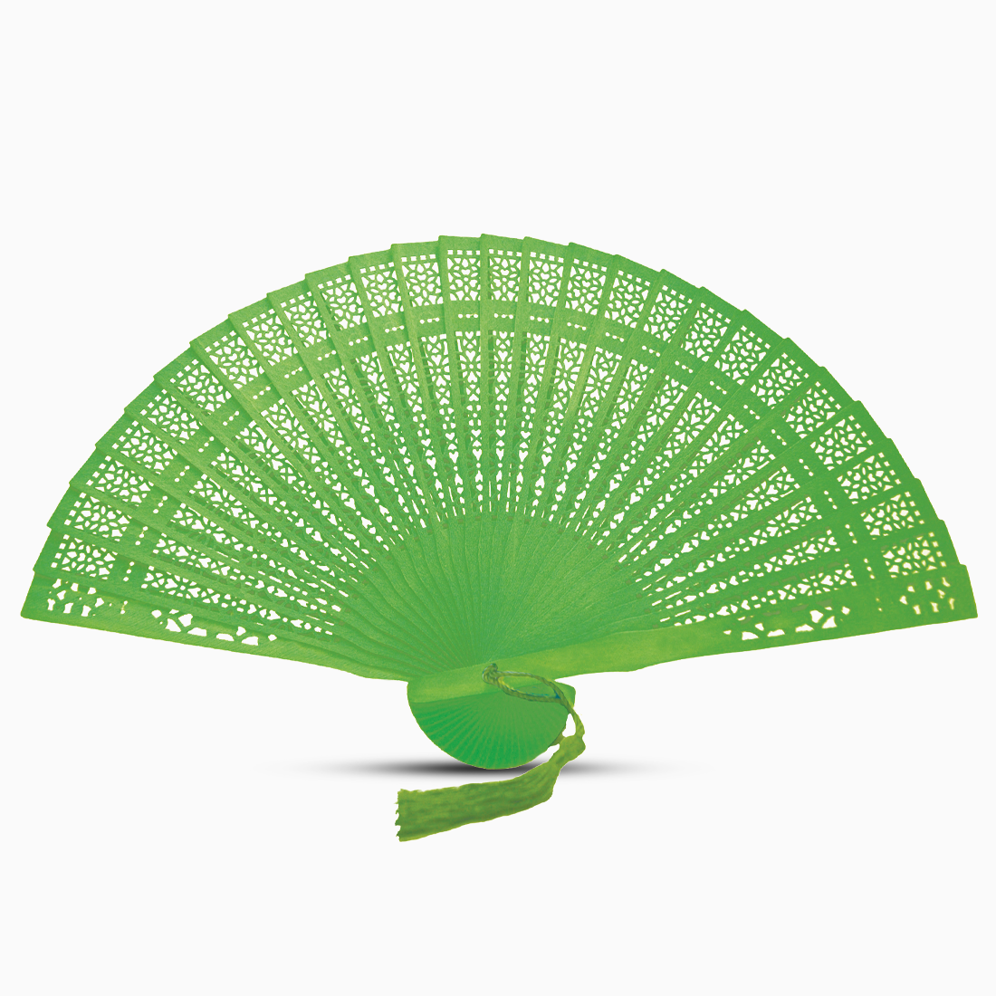 A vibrant Green fan made of color dyed wood, complete with a decorative tassel for added elegance.
