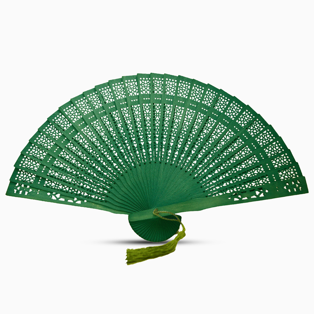 A vibrant Jungle Green fan made of color dyed wood, complete with a decorative tassel for added elegance.