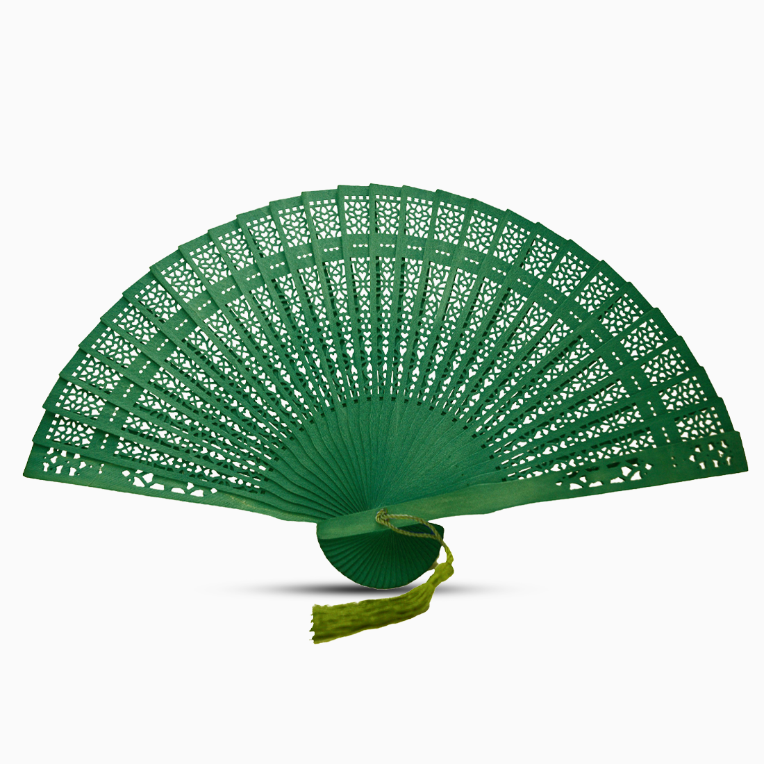 A vibrant Forest Green fan made of color dyed wood, complete with a decorative tassel for added elegance.