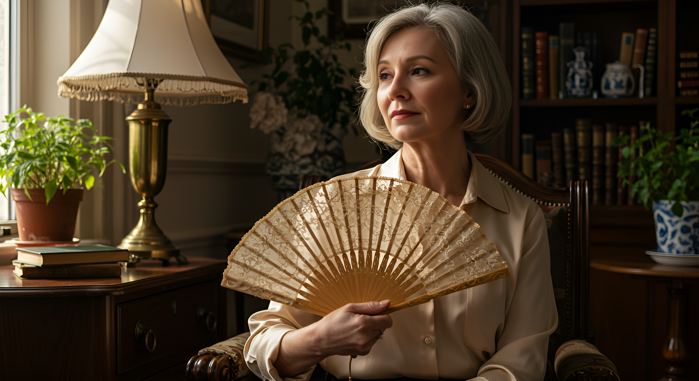 Woman holding a fan in a room with books and plants