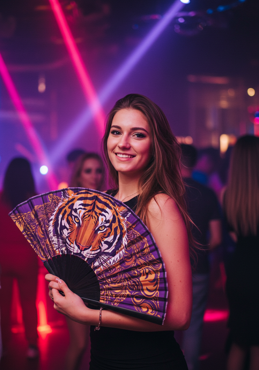 A woman in a nightclub holds a tiger-patterned hand fan, adding flair to her stylish outfit and the vibrant atmosphere.