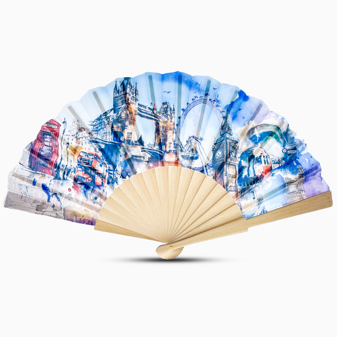 A hand-painted watercolor fan featuring a detailed London skyline design.