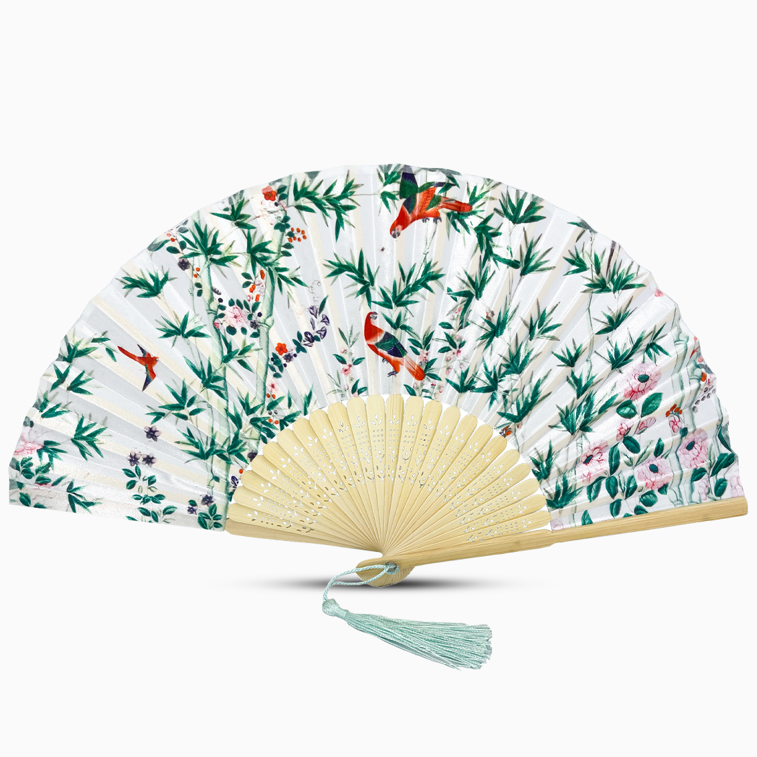 A white hand fan featuring a floral design and birds, showcasing intricate artwork and vibrant colors.
