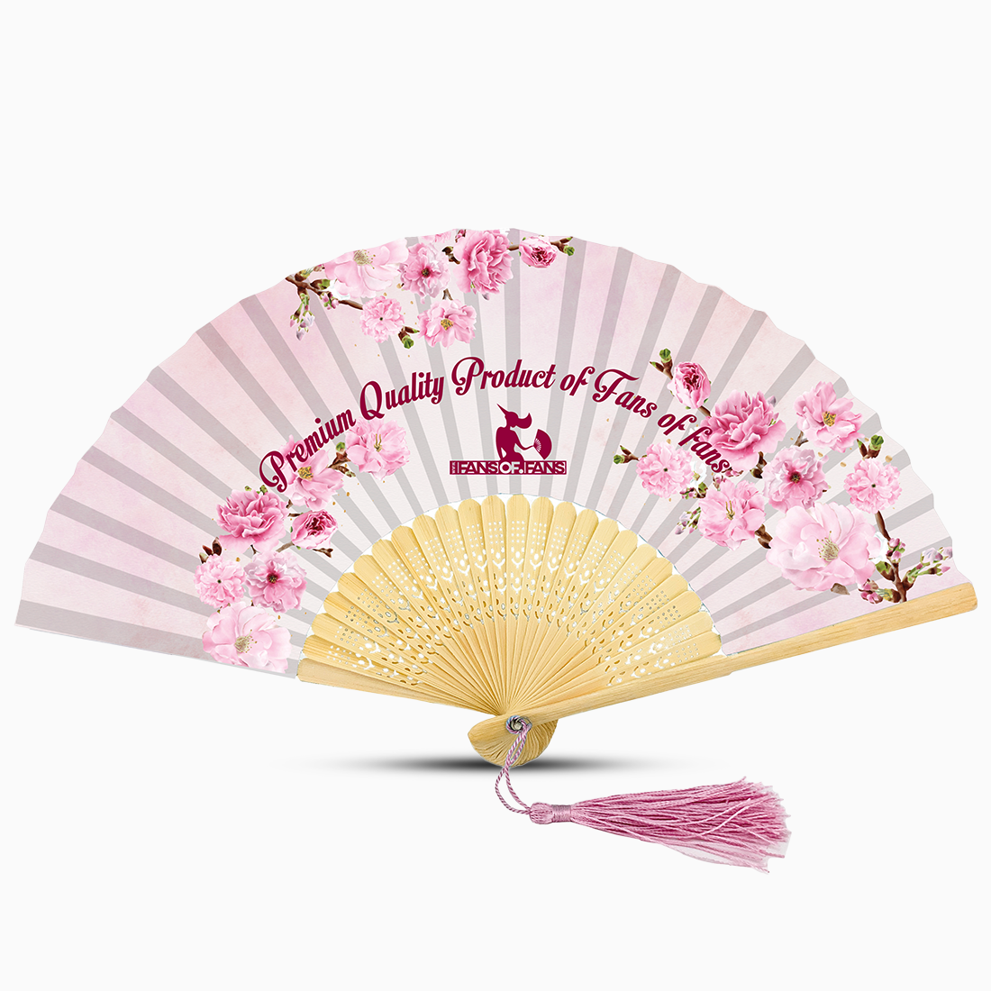 A pink hand fan featuring a floral design and a pink tassel, elegantly displayed against a neutral background.