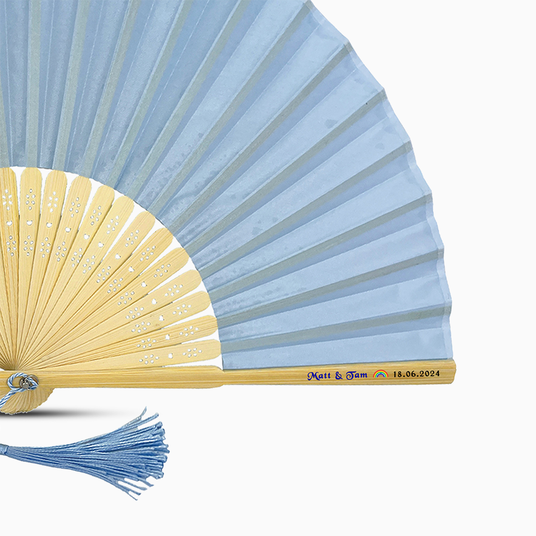 A baby Blue solid color hand fan, featuring a personal message printed on main rib.