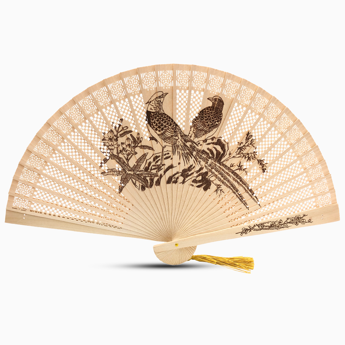 Sandalwood fan featuring an intricate Birds design, showcasing elegant craftsmanship and natural materials.