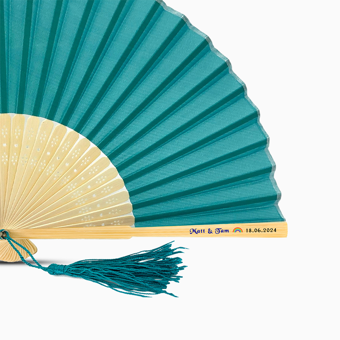 A Cyan solid color hand fan, featuring a personal message printed on main rib.