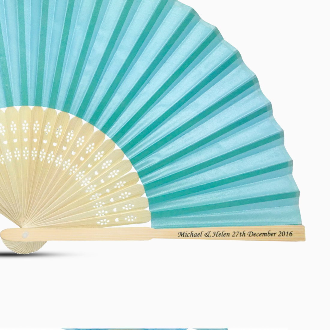 A True Blue solid color hand fan, featuring a personal message printed on main rib.