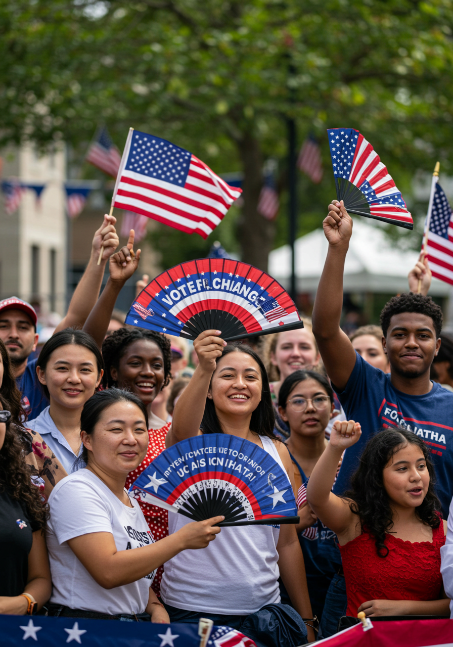 A diverse group of people cheer while holding American flags and hand fans, celebrating a festive occasion.