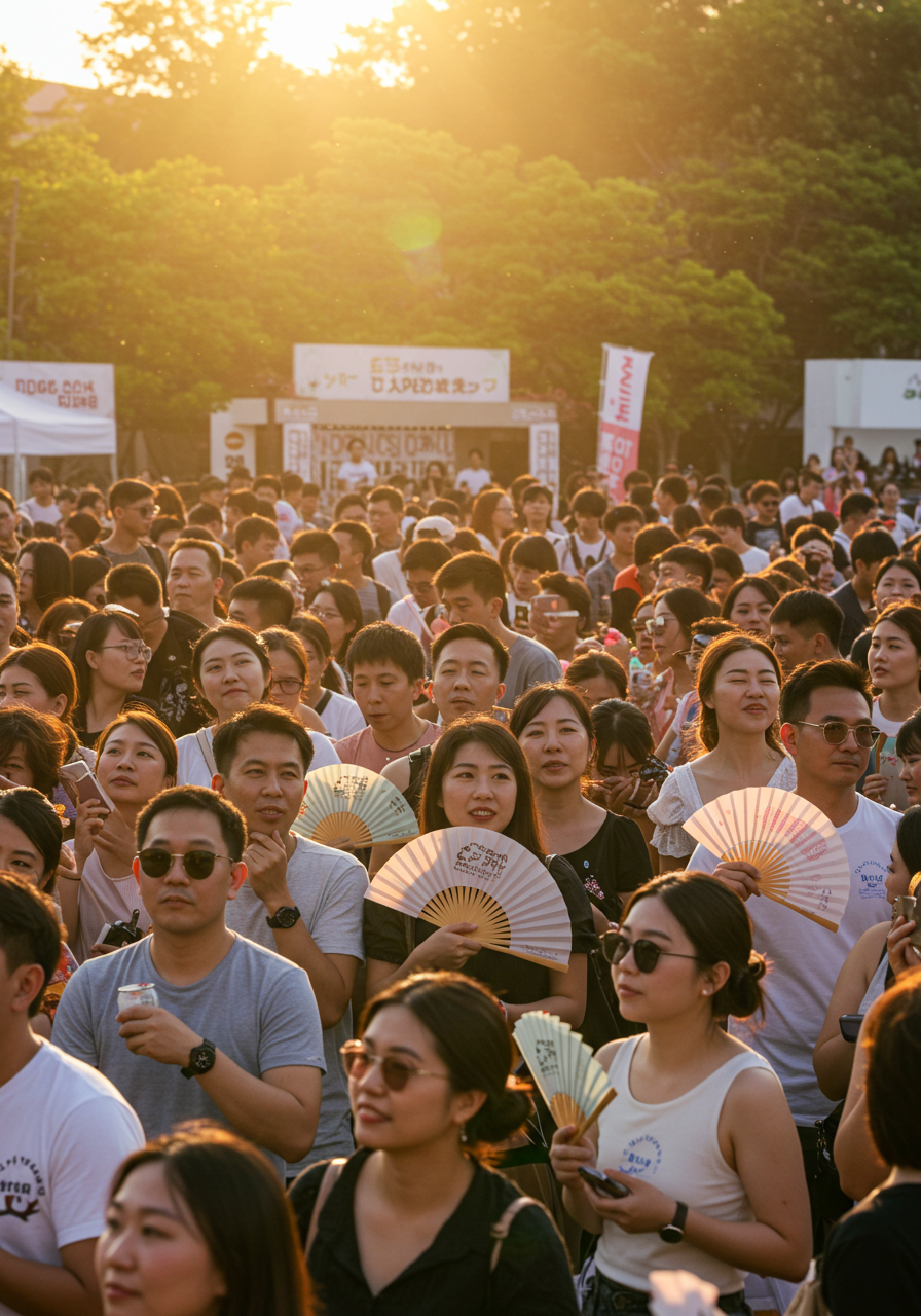 A diverse crowd of people at an outdoor event, some holding hand fans to stay cool in the warm weather.