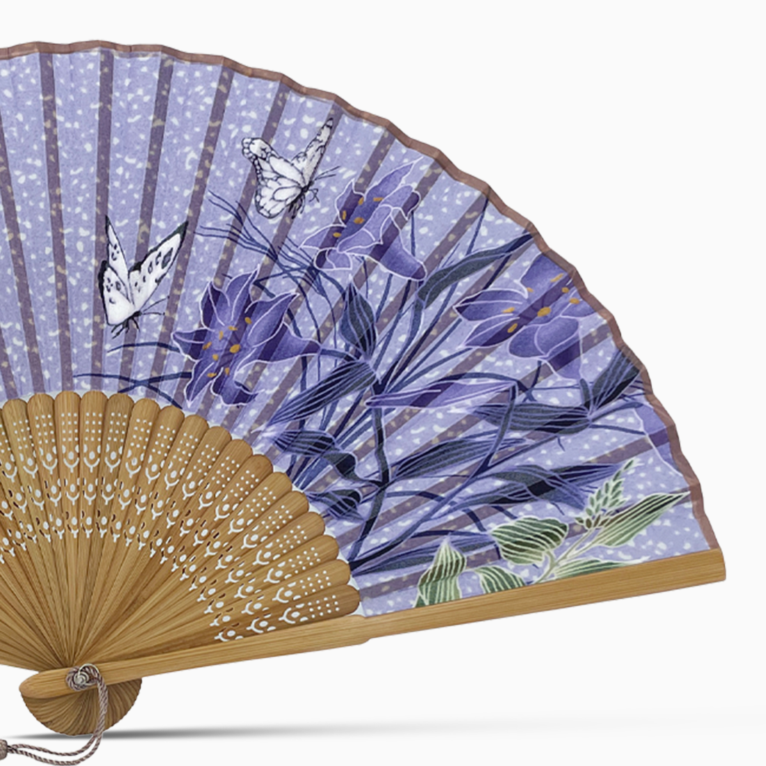 cotton hand fan featuring a butterfly and floral design with bamboo rib.
