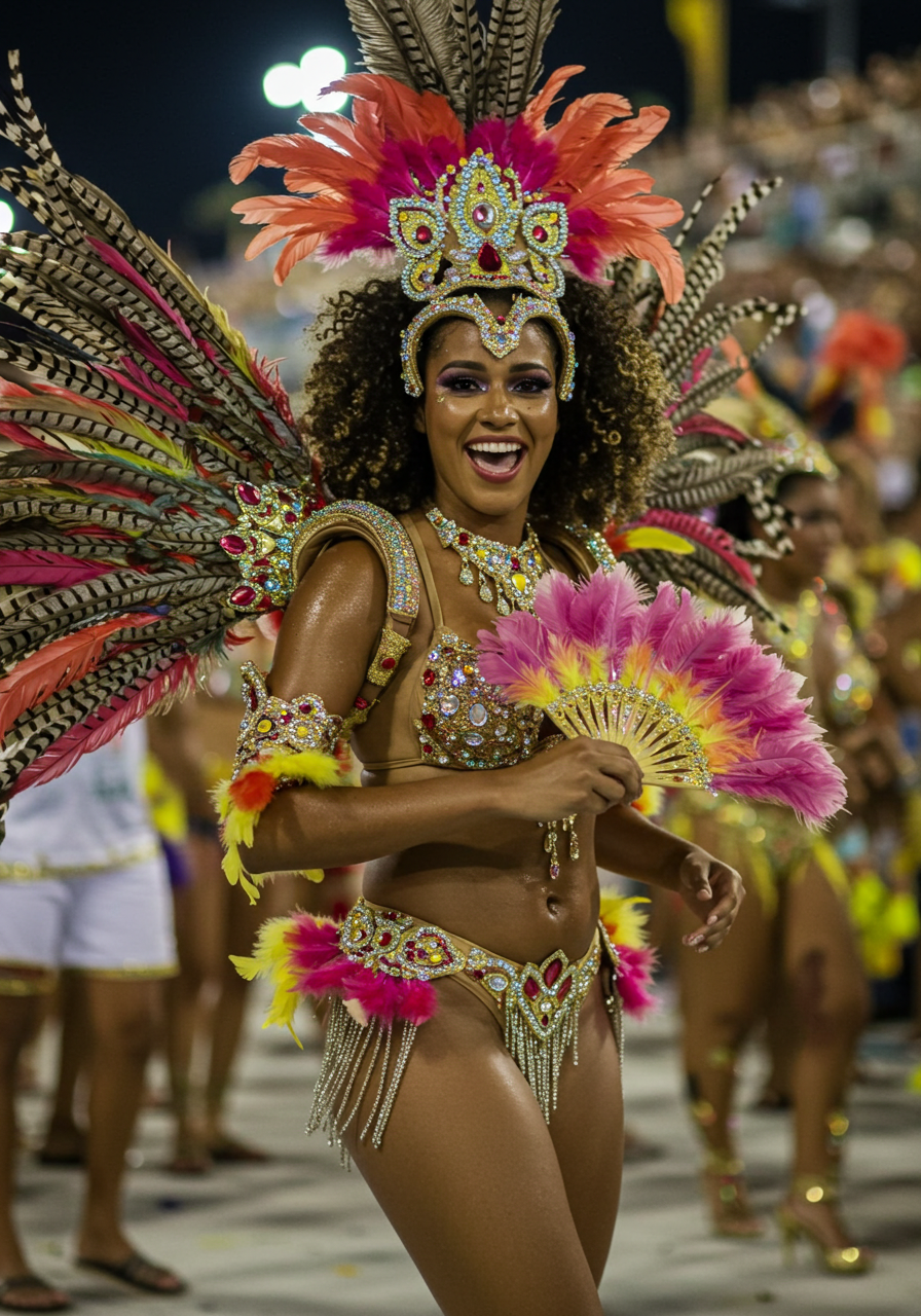 A woman in a vibrant costume holds a feather hand fan while celebrating at a lively carnival.