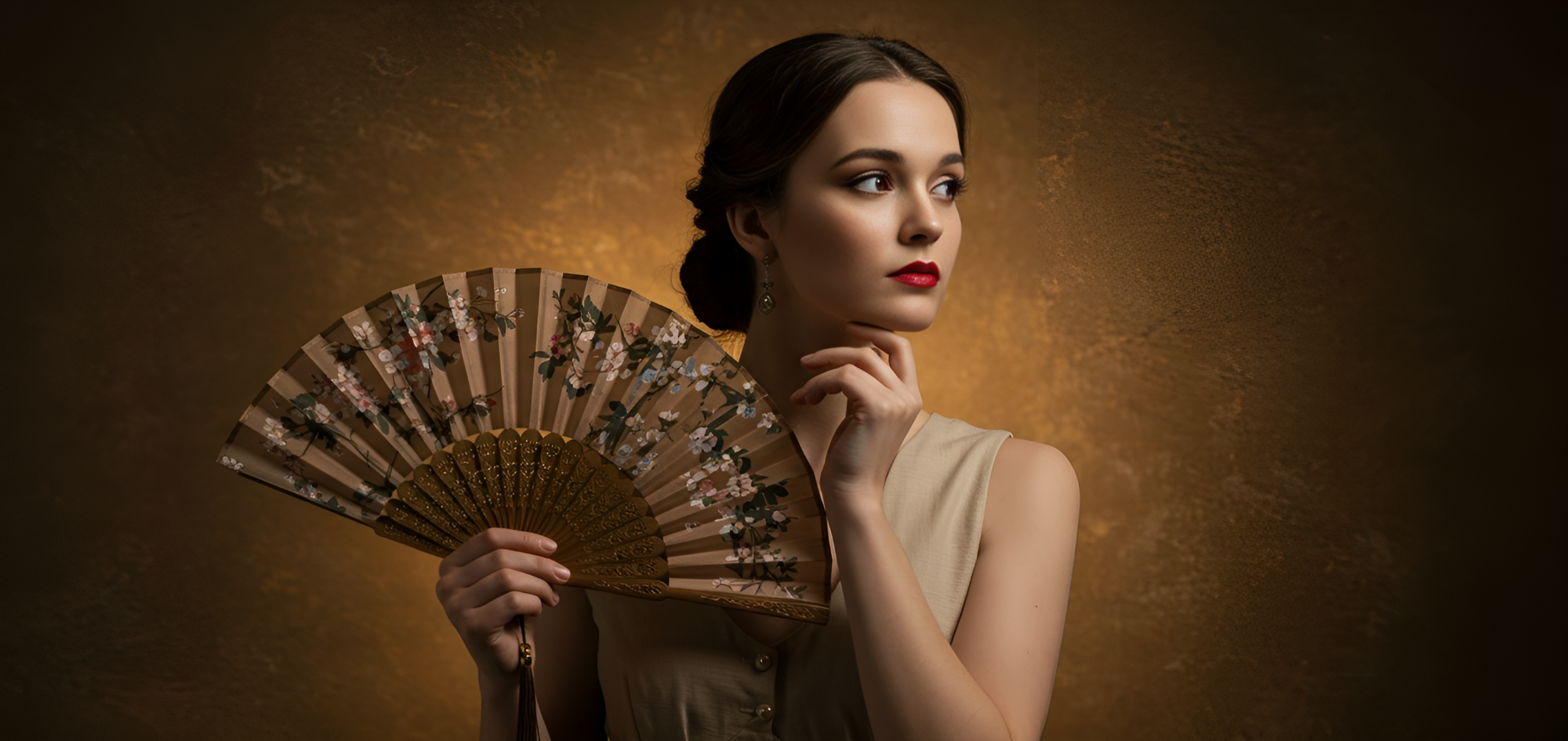 Elegant woman holding a custom floral folding hand fan, posing against a warm, textured background. The image highlights craftsmanship and timeless style.