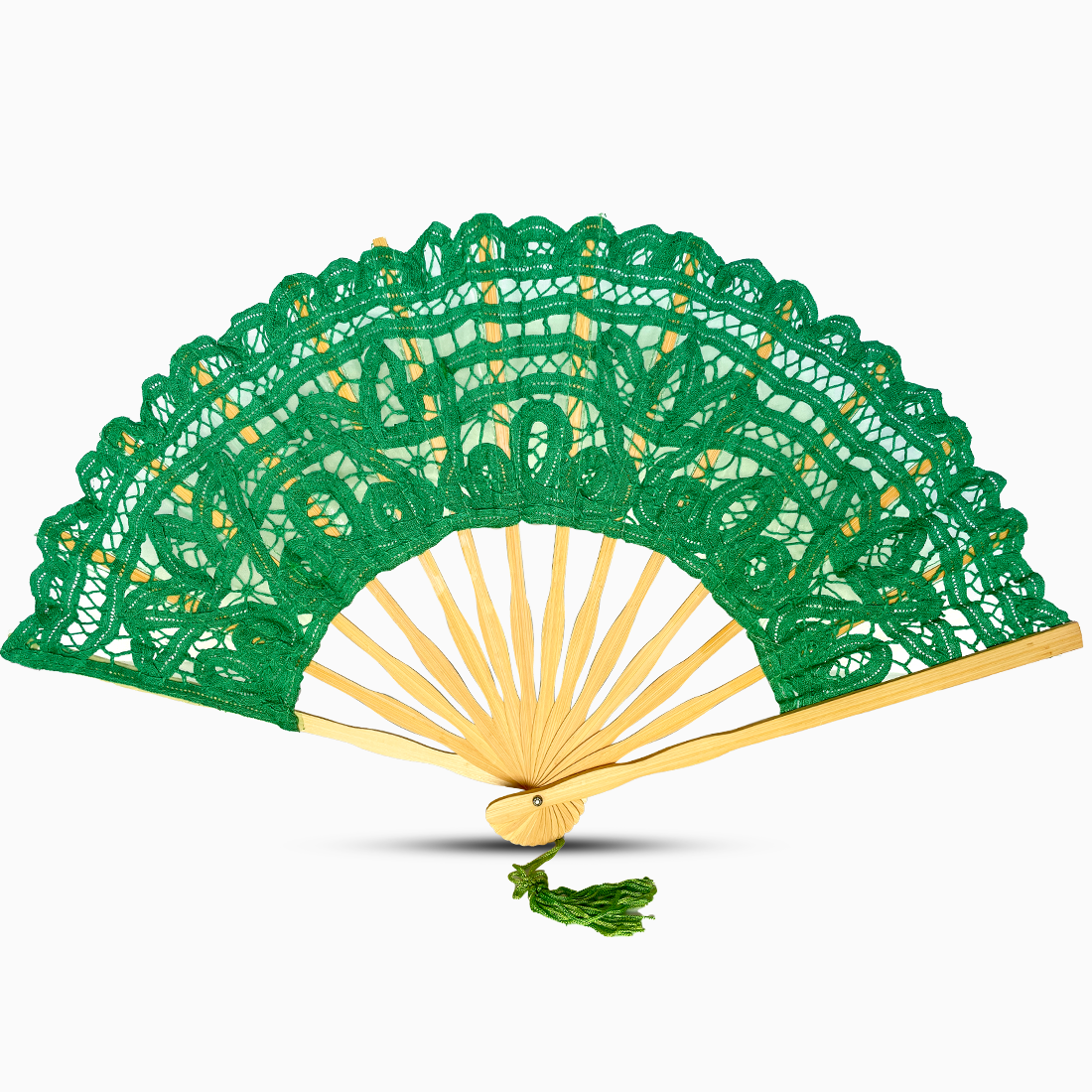 A green Battenburg lace hand fan, elegantly designed with intricate lace detailing along the edges.