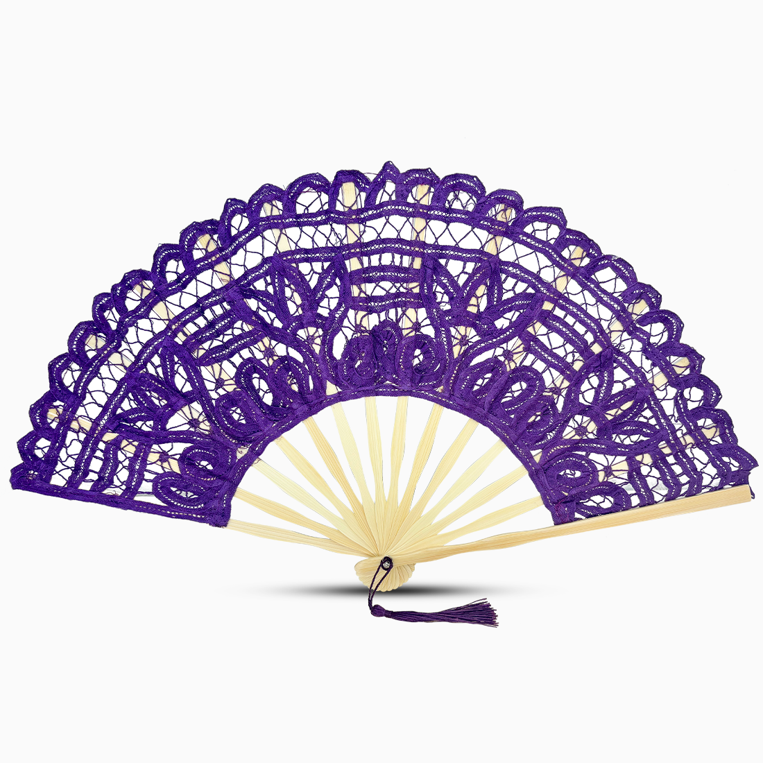A royal purple Battenburg lace hand fan, elegantly designed with intricate lace detailing along the edges.