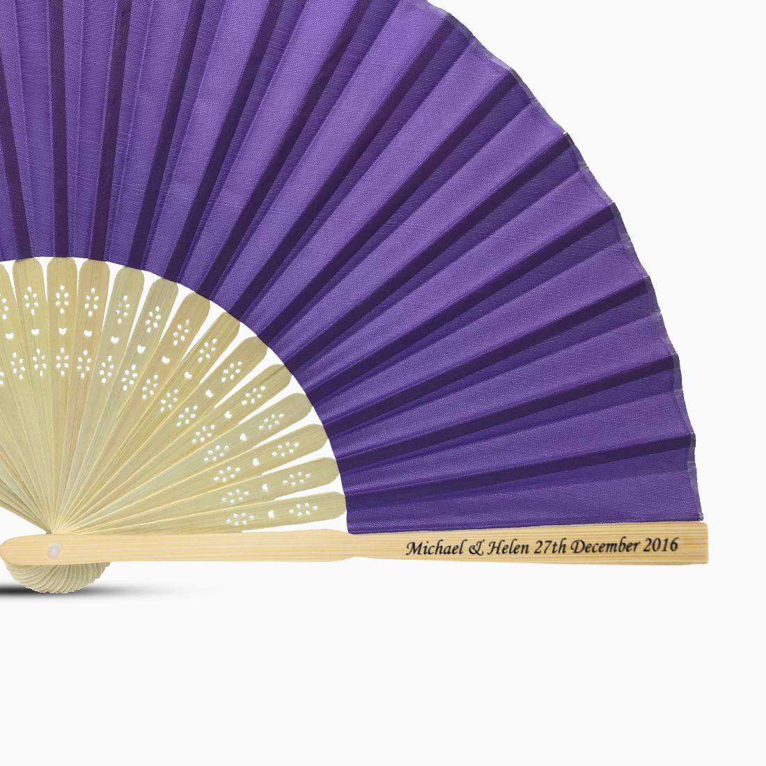 A Royal Purple solid color hand fan, featuring a personal message printed on main rib.