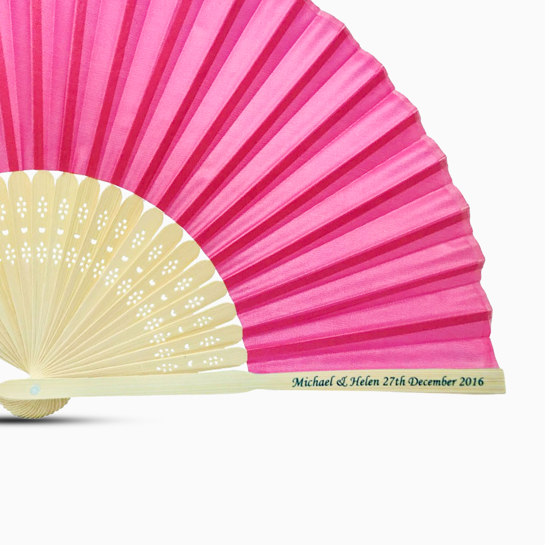 A Dark Pink solid color hand fan, featuring a personal message printed on main rib.