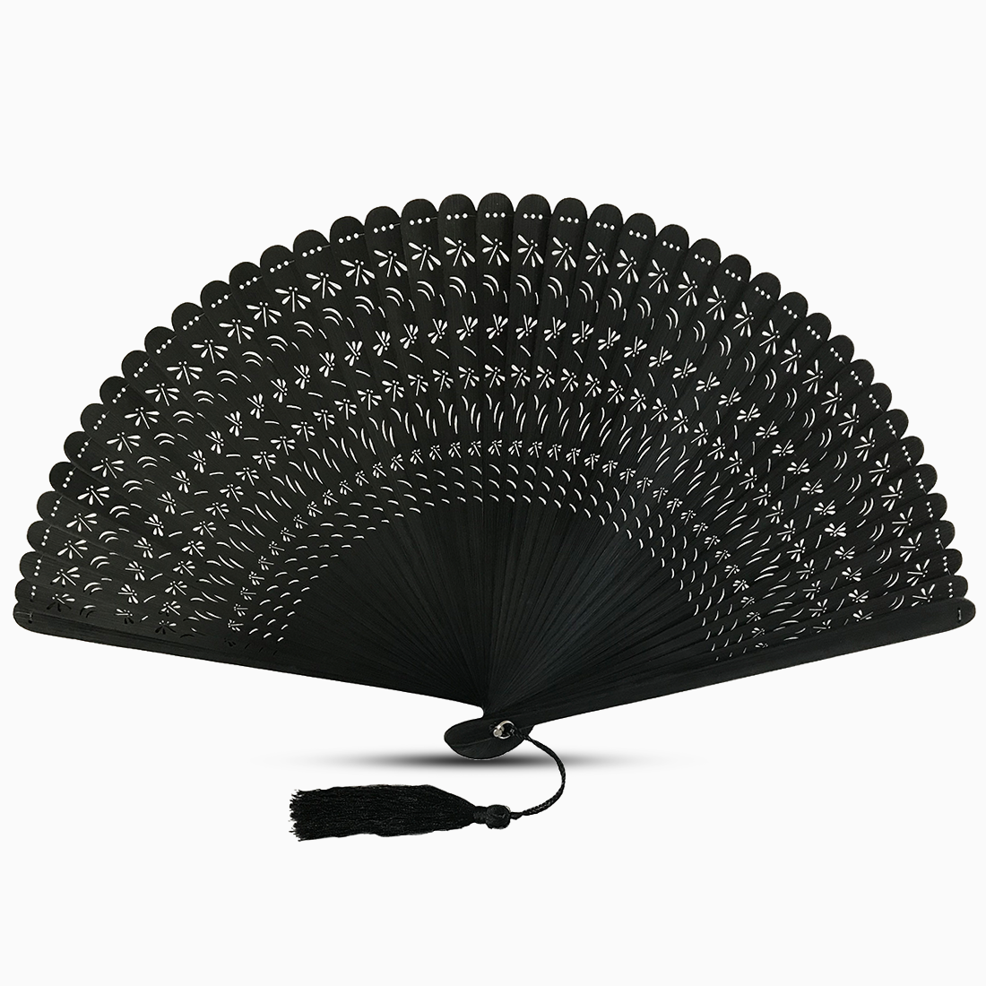 A black wooden folding fan with a tassel, featuring a dragonfly design, set against a white background.