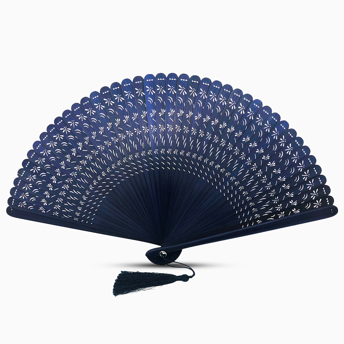 A blue folding fan with a tassel, featuring a dragonfly design, set against a white background.