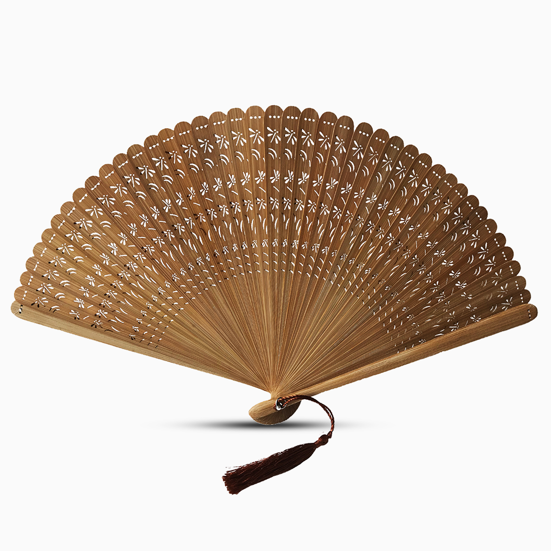 A wooden folding fan with a tassel, featuring a dragonfly design, set against a white background.