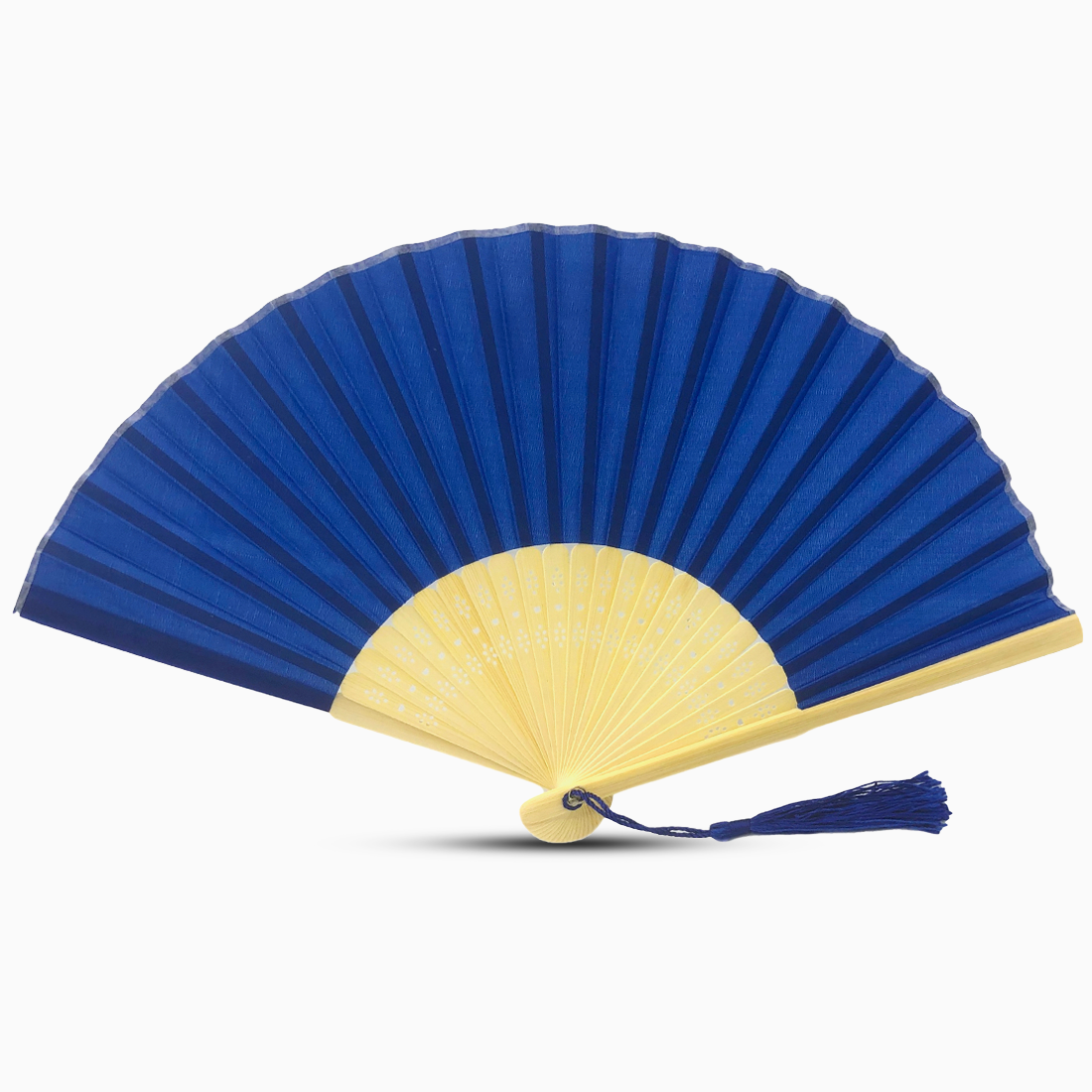 A Royal Blue fabric fan with a tassel, showcasing a solid color design.