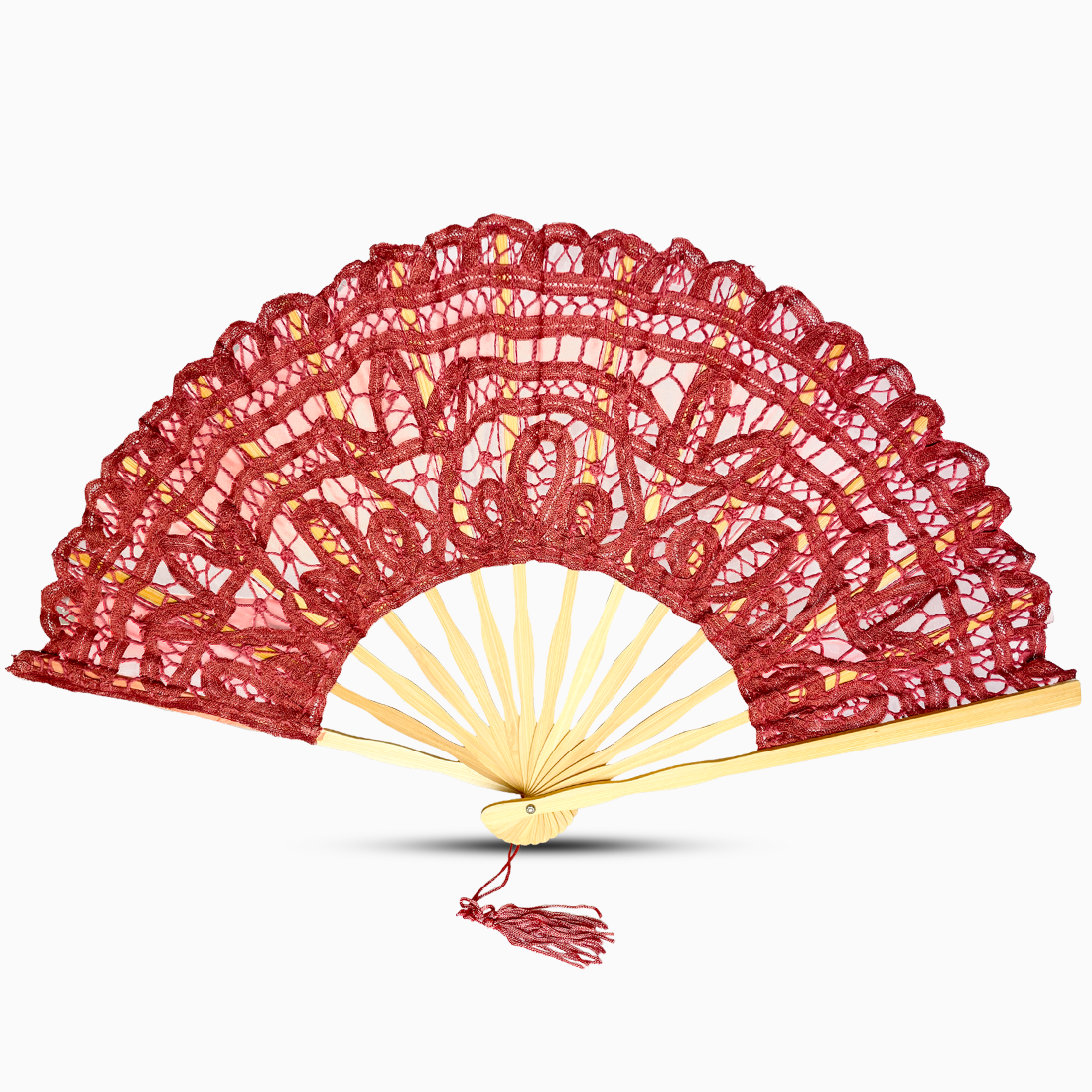 A fade red Battenburg lace hand fan, elegantly designed with intricate lace detailing along the edges.