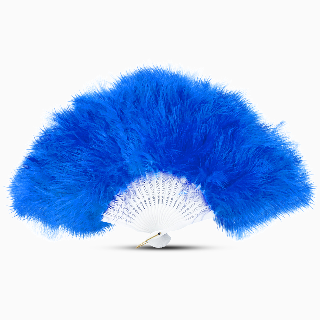 A Royal Blue marabou feather fan displayed against a clean white background.