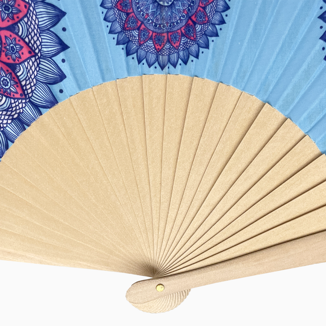 A blue fan featuring a floral design, showcasing a flat rib.
