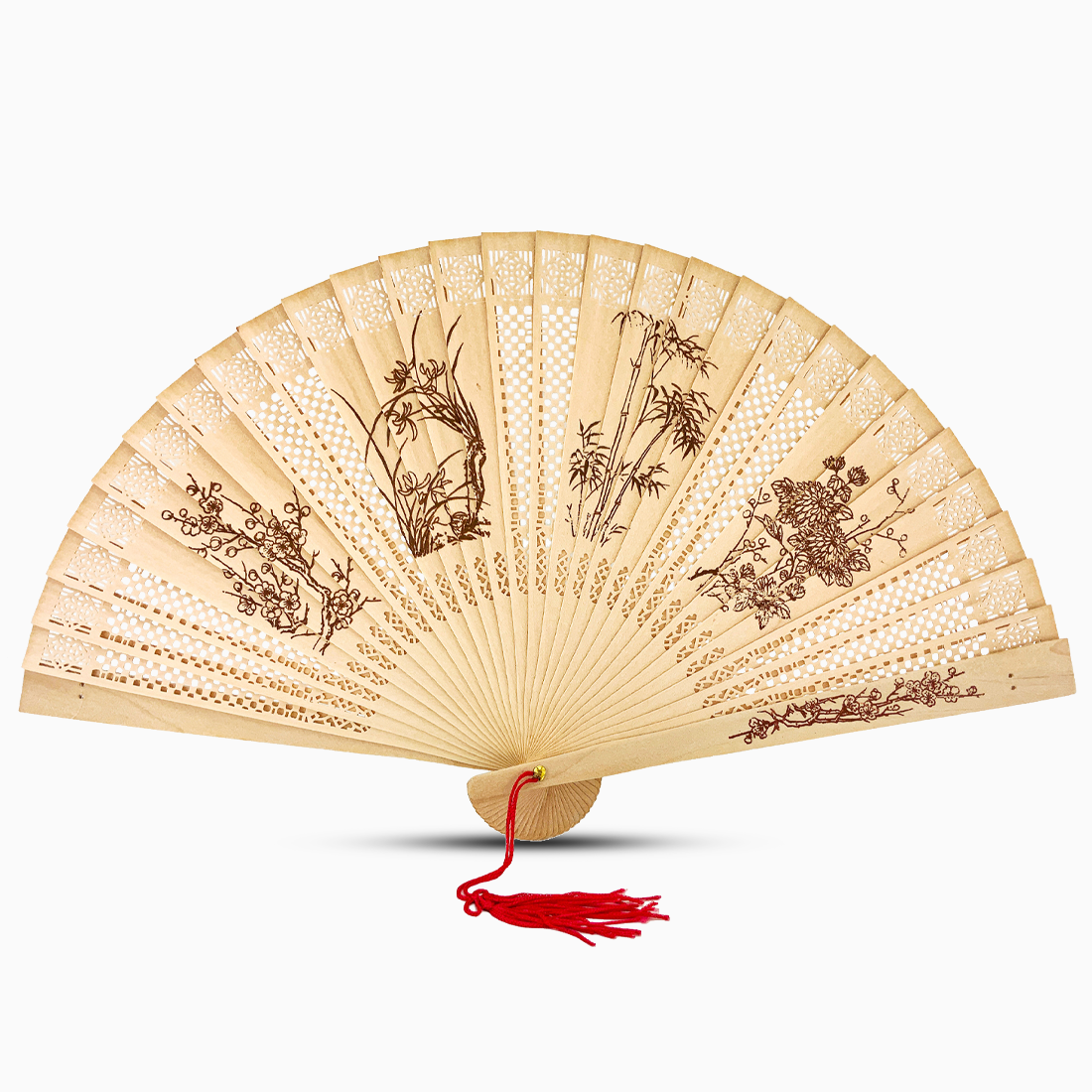 Sandalwood fan featuring an intricate Flowers design, showcasing elegant craftsmanship and natural materials.