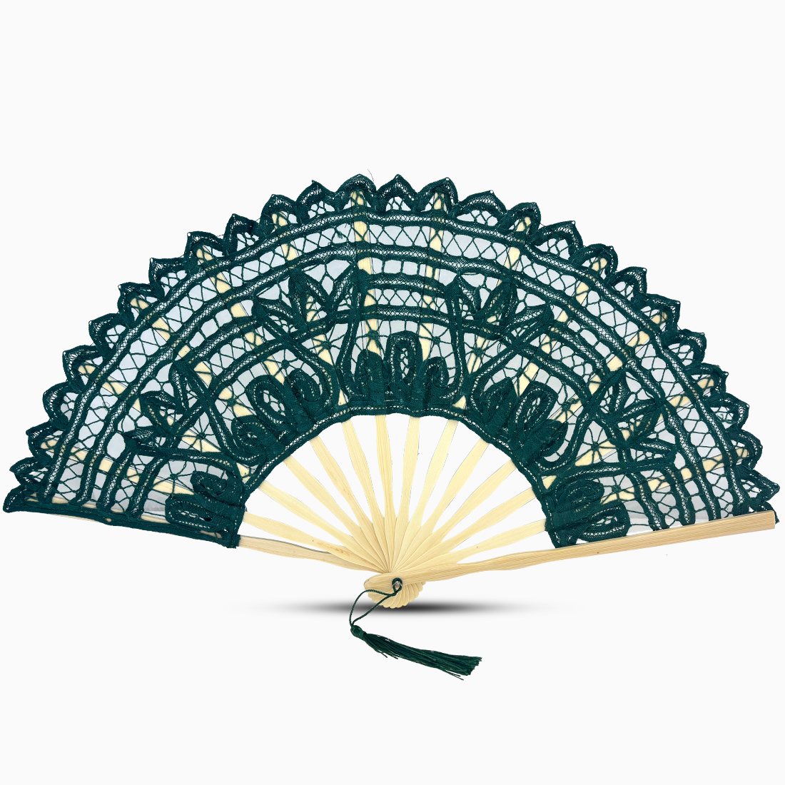 A forest green Battenburg lace hand fan, elegantly designed with intricate lace detailing along the edges.