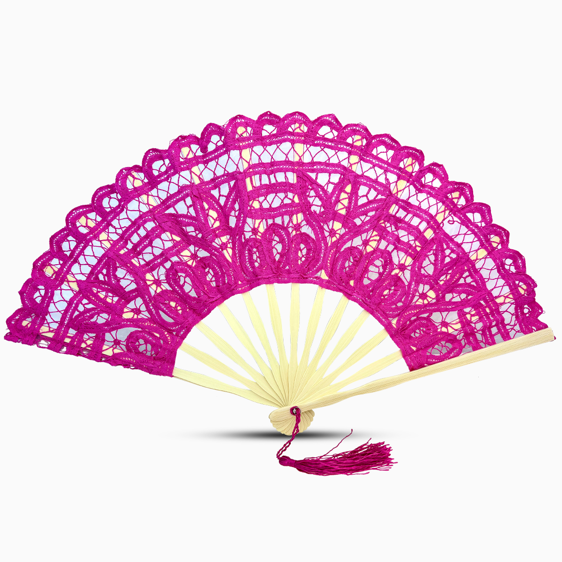 A pink Battenburg lace hand fan, elegantly designed with intricate lace detailing along the edges.