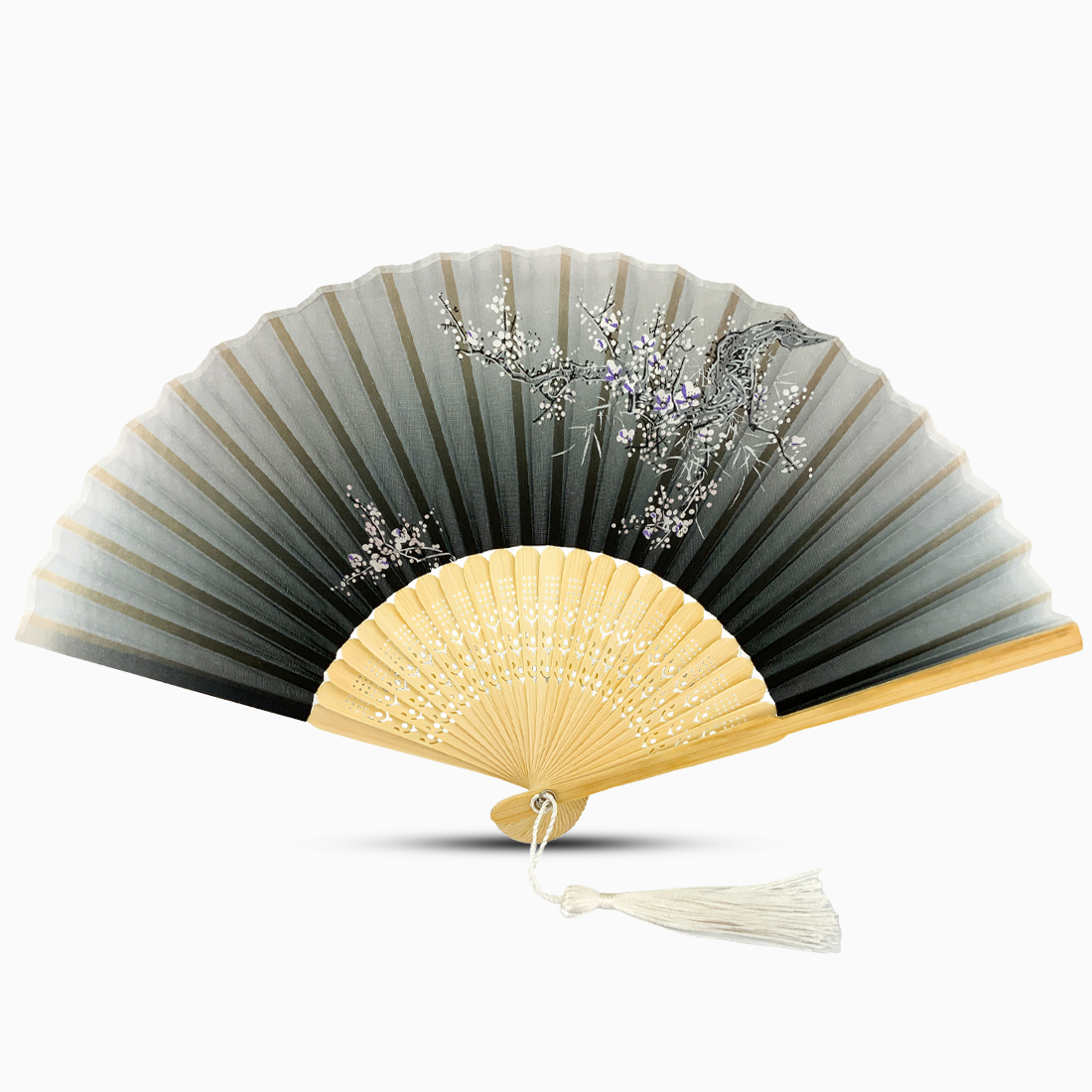 A black hand fan with a wooden rib, featuring a Garden Blossom design.