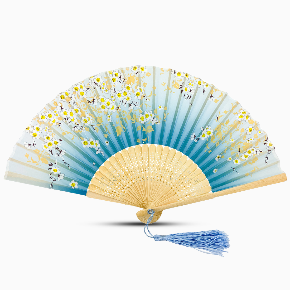 A Blue and Yellow hand fan with a wooden rib, featuring a Garden Blossom design.