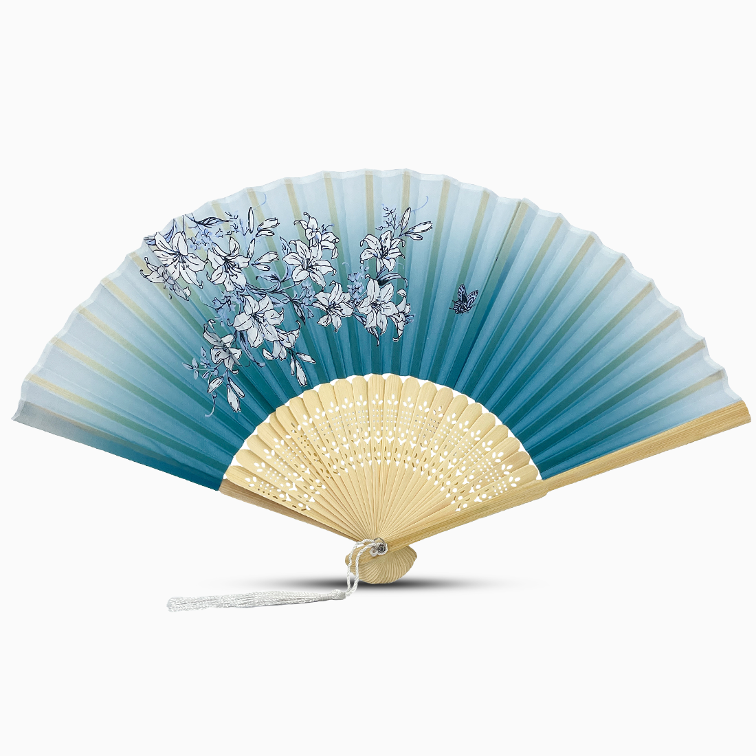 A Dark Blue hand fan with a wooden rib, featuring a Garden Blossom design.