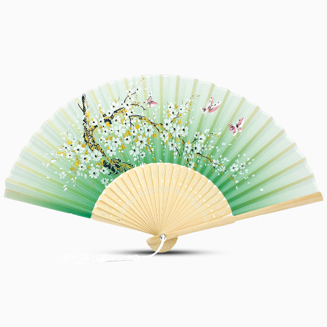A Green hand fan with a wooden rib, featuring a Garden Blossom design.
