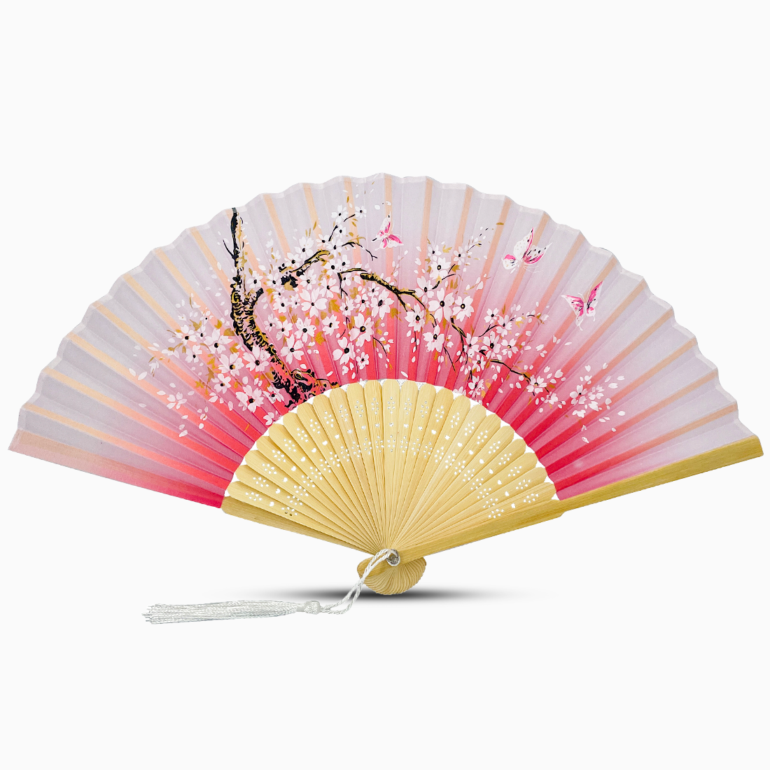 A Pink hand fan with a wooden rib, featuring a Garden Blossom design.