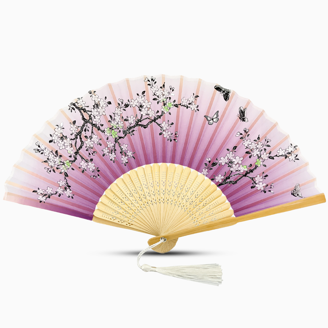 A Purple hand fan with a wooden rib, featuring a Garden Blossom design.