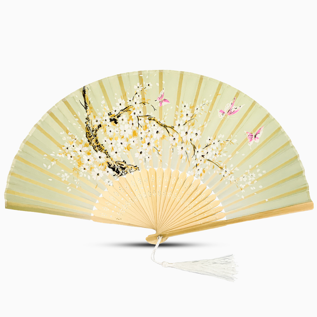 A Lemon Yellow hand fan with a wooden rib, featuring a Garden Blossom design.