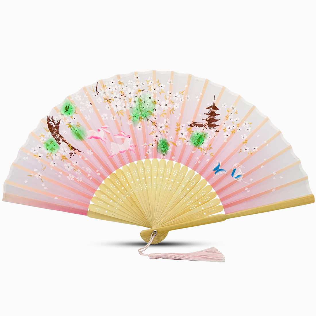 A Baby Pink hand fan with a wooden rib, featuring a Garden Blossom design.
