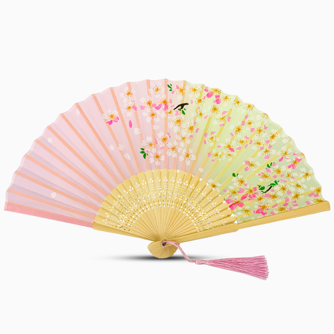 A Pink and Yellow hand fan with a wooden rib, featuring a Garden Blossom design.