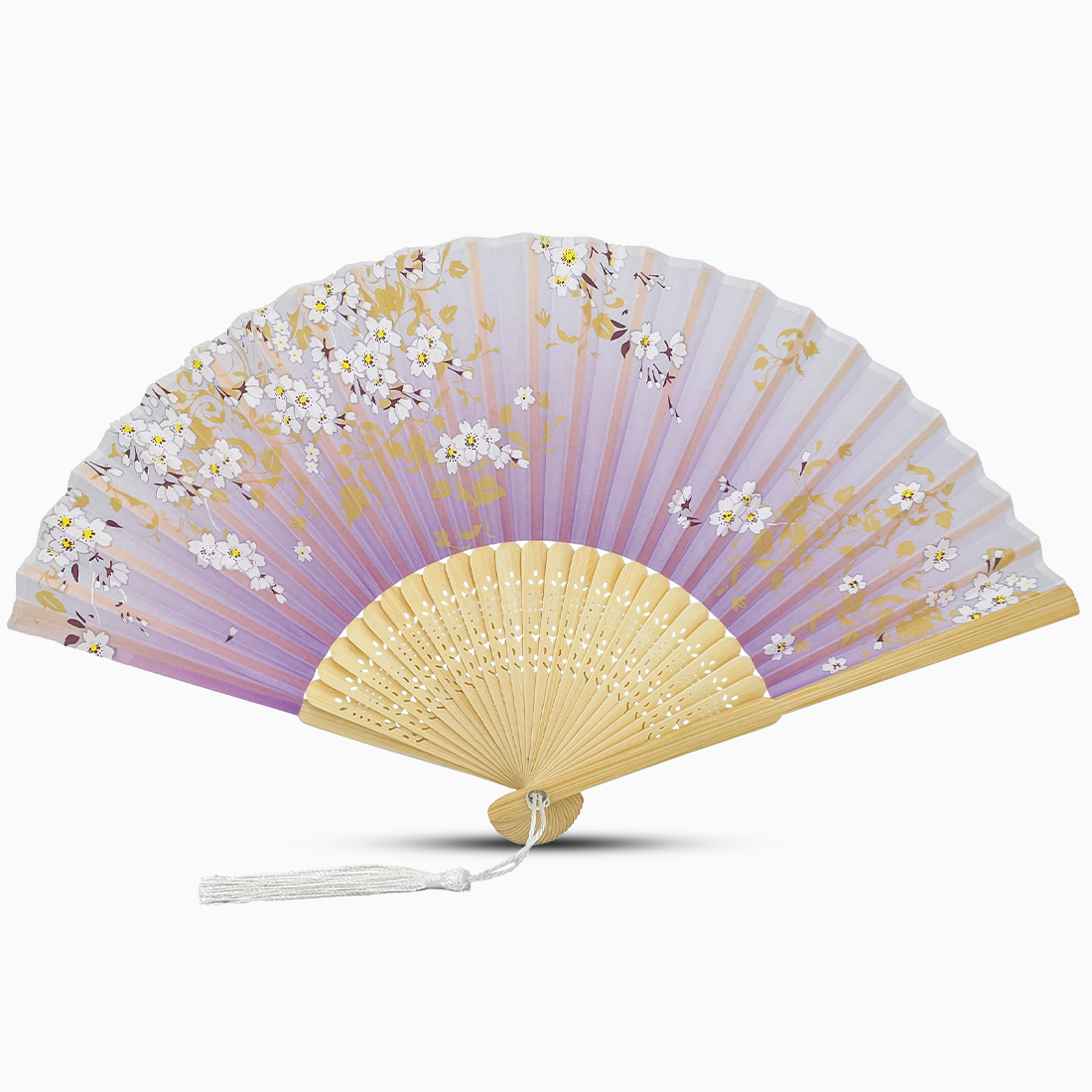A Lilac Purple hand fan with a wooden rib, featuring a Garden Blossom design.