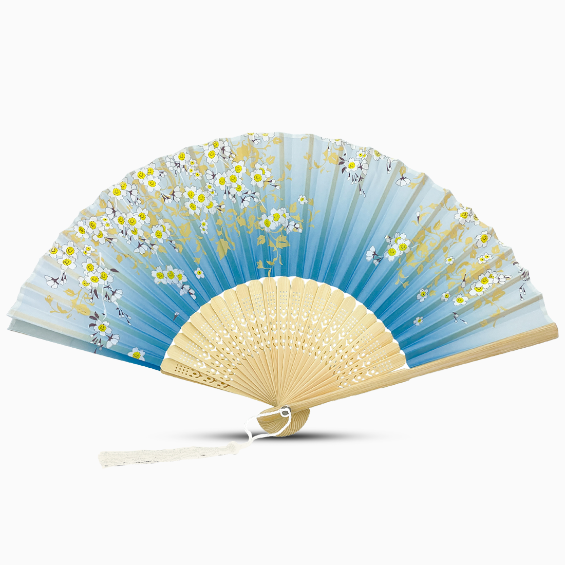 A Sky Blue hand fan with a wooden rib, featuring a Garden Blossom design.